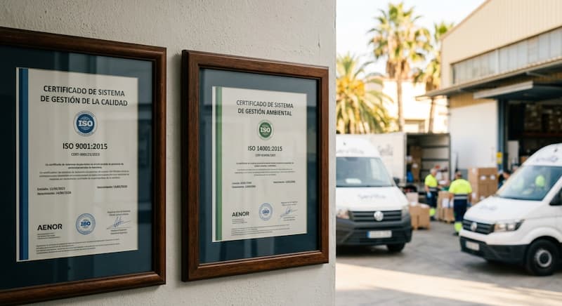 Certificados ISO 9001 e ISO 14001 de empresa de transporte ligero en Sevilla
