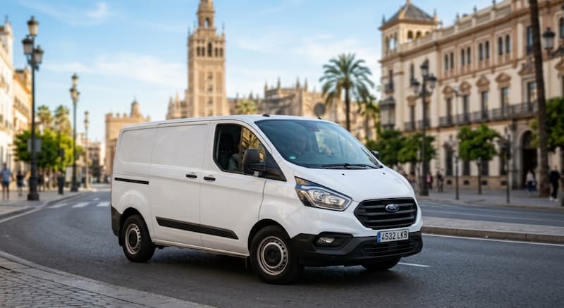 Furgoneta de transporte ligero de flota propia circulando por Sevilla