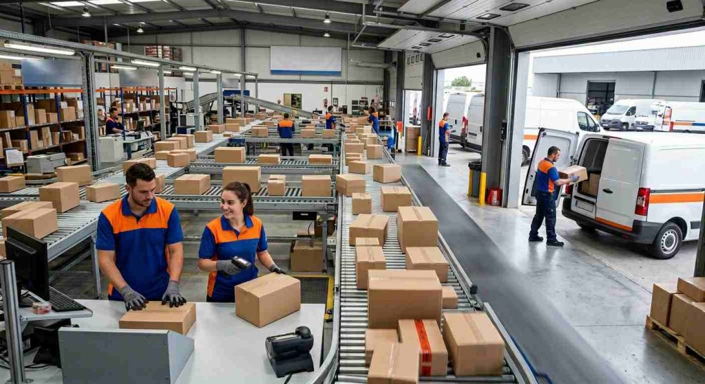 Servicio de mensajería exprés gestionando paquetes con entrega rápida